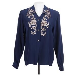 BOB MACKIE Vintage Blouse 8 Navy Blue Silk Embroidered Beaded Button Up Washable